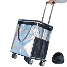 Reusable Grocery Bags on Wheels, Rolling Tote Bag, Portable Shopping Cart for Groceries with Wheels and Drawstring Bag, Trolley, 54L, Foldable, Black