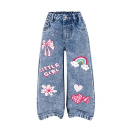 WDIRARA Toddler Girl's Cute Bow Graphic Baggy Jeans Elastic High Waist Wide Leg Denim Pants Medium Wash 7Y