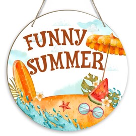 Beach Welcome Sign, Funny Summer Door Sign 10x10 Inch, Summer Front Door Decor, Round Wooden Hanging Sign for Yard Garden Farmhouse Restaurant Shop, Home Porch Decor Outdoor Hanging Decorations -06