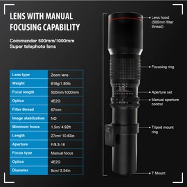 COMMANDER OPTICS 500-1000mm f/8.3 Manual Telephoto Zoom Lens for Olympus OM-D,E-M1,E-M5,E-M10,Pen-F,E-PL8,E-PL7,E-P5,E-PL5,E-PM2,E-P1,P2,PL1,PL1s,PL2 Micro Four Thirds Digital Cameras