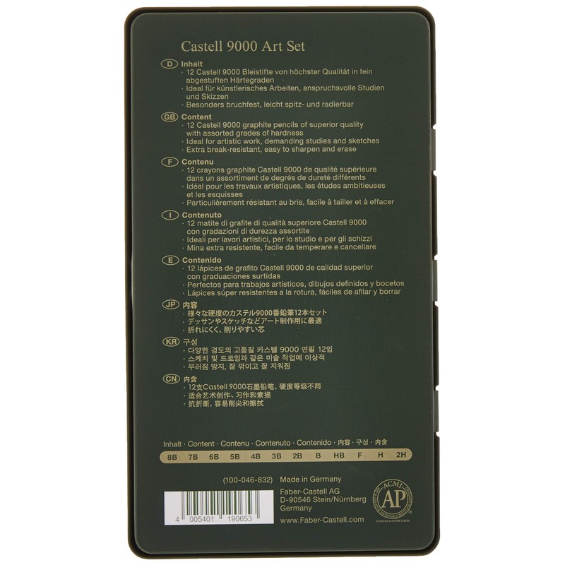 Faber-Castell Castell 9000 Art Pencil Set, 12 Pencils, Wood, Black,