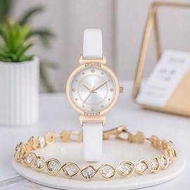 NUOVO Women's Leather Watch Women's Rose Black or White Leather Strap Watch Elegant Analogue Quartz Watches for Women, White 05, Dress