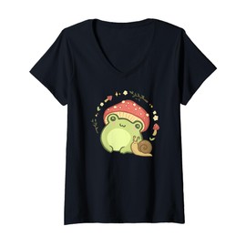 Womens Cottagecore Aesthetic Frog Snail Cute Vintage V-Neck T-Shirt