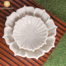 SWADESHI BLESSINGS HandCrafted Marble Lotus Bowl - Organic Modern Home Decor/Fruit/Vintage Ring Dish/Decorative Flower - HouseWarming/Wedding Gifts/Urli (8 Inches), White
