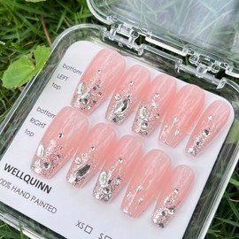 Wellquinn Press On Gel Nails, Pink Medium Coffin Nails Hand Painted Nail Art with Rhinestones and Glitter, Ballerina Shape False Fake Nail Tips Reusable Nail Kit 10Pcs, Pink Diamond L