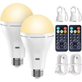 Brightown USB Rechargeable Light Bulb with Remote and Timer, Battery Emergency Light Bulbs for Home Power Outage, Hanging LED Light Bulb with Hook for Outdoor Camping Tent, 700LM, 6000K, 2 Pack