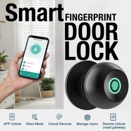 Smart Fingerprint Door Lock, Bluetooth and Tuya App Integration Keyless, Knob - Black