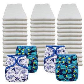 OsoCozy Economy Prefold Cloth Diaper Package - 3 Dozen Regular 4x6x4 Bleached 100% Cotton Prefold Diapers (7-30 lbs) & 4 One-Size Diaper Covers (2 Maritme. 2 Dragons)