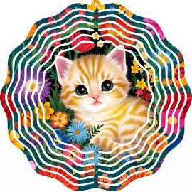 Versatility Kitten Floral Wind Spinner 10" Metal Whimsical Garden Art 3D Swivel Whirligig