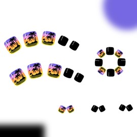 24Pcs Black Press on Toenails Short Square Toe Press On Nails Glossy Black Fake Toenails with Coconut Tree Designs False Toenails Acrylic Toes Nails Press on Summer Beach Artificial Nails for Women