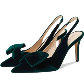 Manoloshow Velvet Elasticated Strap Bowknot Pumps with Slingback Autumn Office Comfy Pointy Toe Shoes for Women High 3.3 Inch Heels Dark Green Size 11
