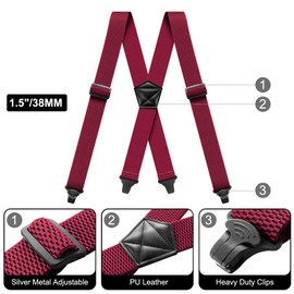 Heavy Duty Work Braces for Men 3.8cm Airport Hidden Suspenders Wide X-Back with 4 Plastic Gripper Clasps Adjustable Elastic Trouser Pants Bordeaux red