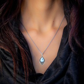 enjoylifecreative Sterling Silver Moonstone Turquoise Onyx Larimar Moss Agate Filigree Necklace Teardrop Pendant Birthday Christmas Ornaments for Women Girls, Sterling Silver