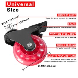 ANPTGHT Office Chair Wheels with Brake, Wheels Smooth Rolling Heavy Duty Casters Safe for Hardwood Floors and Carpet, Replacement Rubber Chair Casters Smooth & Quiet Universal Stem 7/16" Red Set of 5