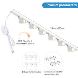 Hiiglxii 3-Color Plug in Track Lighting with Power Cord, 6-Light GU10 Dimmable Track Lighting Kit with Track Rail, Kitchen LED Track Lighting Fixtures Ceiling Wall Spot Light, 13FT Plug Cord, White