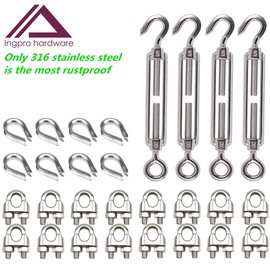 Ingpro 316 Stainless Steel Cable Kit,Globe Lights Kit, 4-Pcs Turnbuckle(Eye&Hook, M5), 16-Pcs Wire Rope Clip/Clamp(M3), 8-Pcs Thimble(M3) for 1/8 Inch Wire Rope