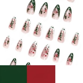 Christmas Press on Nails Almond French Tip Fake Nails Nude False Nails with Candy Snowflake Design Acrylic Nails Full Cover Glue on Nails Stick on Nails for Women