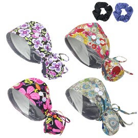 JoyRing 4 Pcs Scrub Caps for Women Nurse Surgical Hats Adjustable Working Cap Ponytail Holder for Long Hair with Buttons Satin-Lined Doctor Hat with Sweatband, Multi Color 5, 2-3