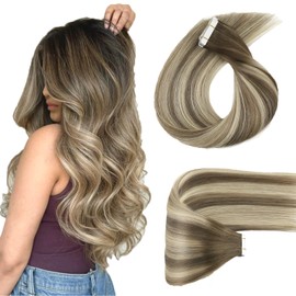 ABH AmazingBeauty Hair Tape in Hair Extensions Semi-permanent Double Sided Rooted Remy Human Tape in Extensions Ash Brown-Light Golden Blonde with Dark Brown Hair Tape ins 18 Inch 50G #R3-8-22