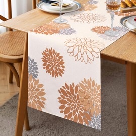 Inhobbok Table Runner Orange Yellow Grey Modern Flowers Linen Dahlia Attractive Farmhouse Geometric Table Centre Decor Boho Table Runner for Living Room Cabinet Dining Party Patio 33 x 183 cm