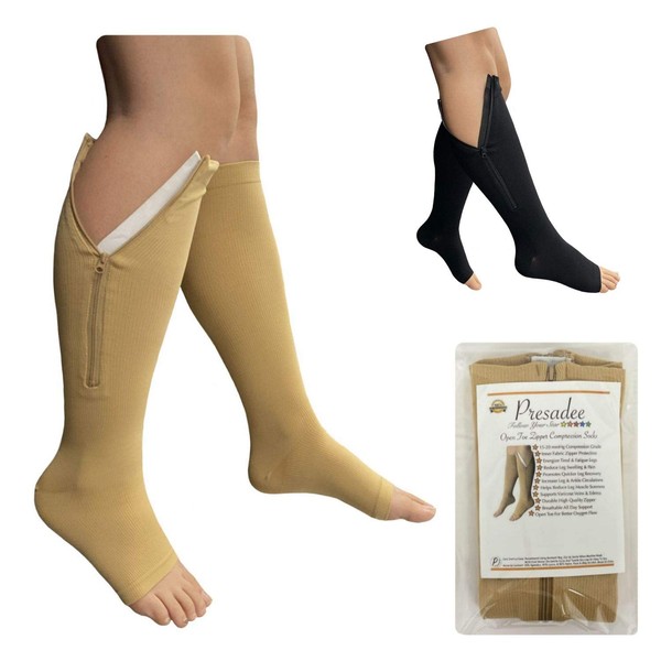 Presadee Petite Open Toe 15-20 mmHg Moderate Zipper Compression Leg Calf Socks (Beige, L/XL)