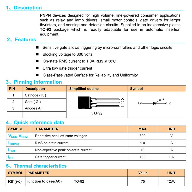 ALLECIN BT169D Unidirectional Thyristor 0.8A 400V BT169 Single Direction Silicon