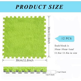 lmjclzyee 12 pcs Fluffy Soft EVA Foam Interlocking Carpet Shaggy Rugs Protective Floor Tiles Sport Play mats for Home Parlor, Bedroom, Children Kids Room (Green)