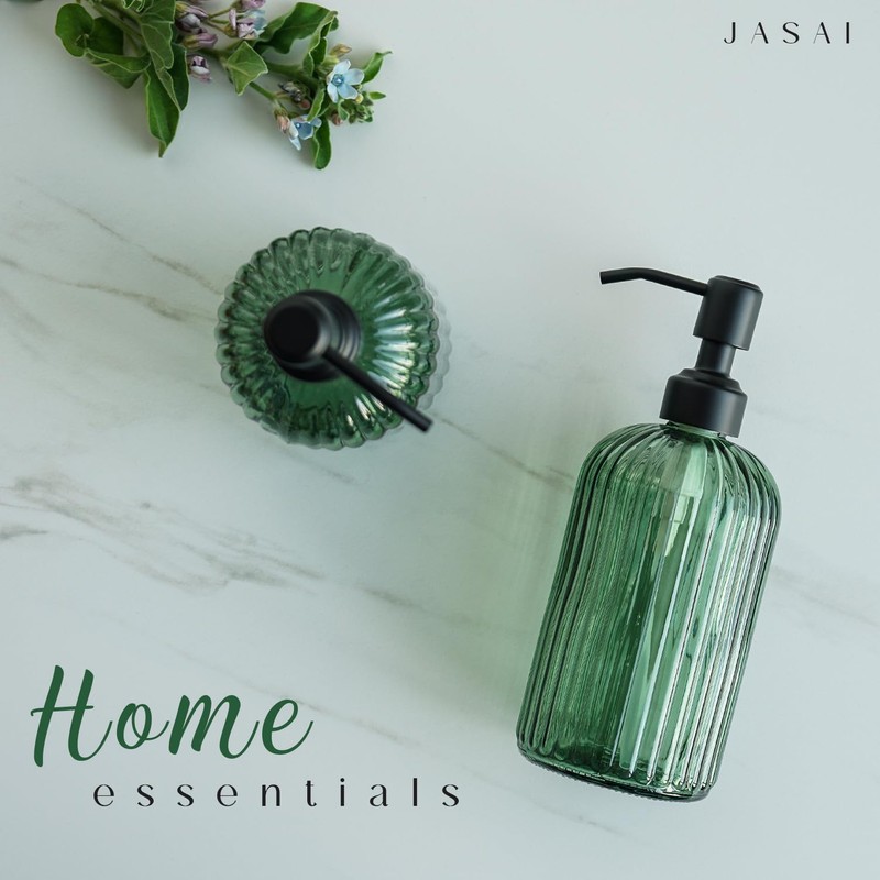 JASAI 18Oz Green Glass Soap Dispenser with Black Rust Proof