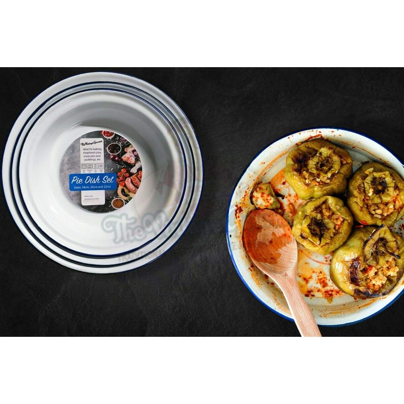 Vintage Gourmet ® Premium White Enamelware with Blue Rim, Oblong,
