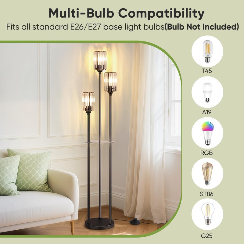 Crystal Standing Floor Lamp with Shelves for Living Room 67"