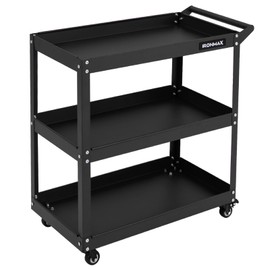 IRONMAX 3 Tier Utility Cart, Heavy Duty Steel Push Service Cart with Lockable 360 Degree Casters, 3 Shelf Tool Cart on Wheels for Garage Office Workshop Warehouse Kitchen (Black)