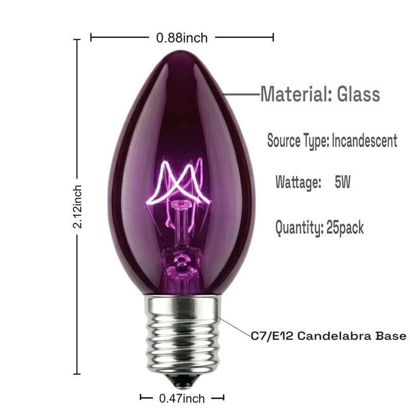 C7 Incandescent Replacement Bulbs, 120V 5W, Black Purple Glass, 25