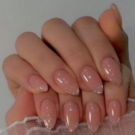 Short Press on Nails Almond Fake Nails with Silver Glitter French Tip Designs Pink Gradient French Acrylic False Nails Kit Full Cover Glossy Y2K Glue on Nails Daily Wear Stick on Nails for Women 24PCS