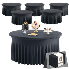 6 Pack Black Round Spandex Tablecloths for 60 inch Tables, Wrinkle Free Stretchy 120 inch Fitted Round Table Cloths Cover with Elegant Skirt for Wedding Birthday Parties Banquet