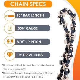 Kaberalty 20 inch Chainsaw Chain 3/8"LP Pitch .050" Gauge 72 Drive Links Full Chisel Replacement Chainsaw Chain Compatible with Husqvarna 591119472, H46S-72, H46-72,Craftsman,John Deere,Poulan,Carlton
