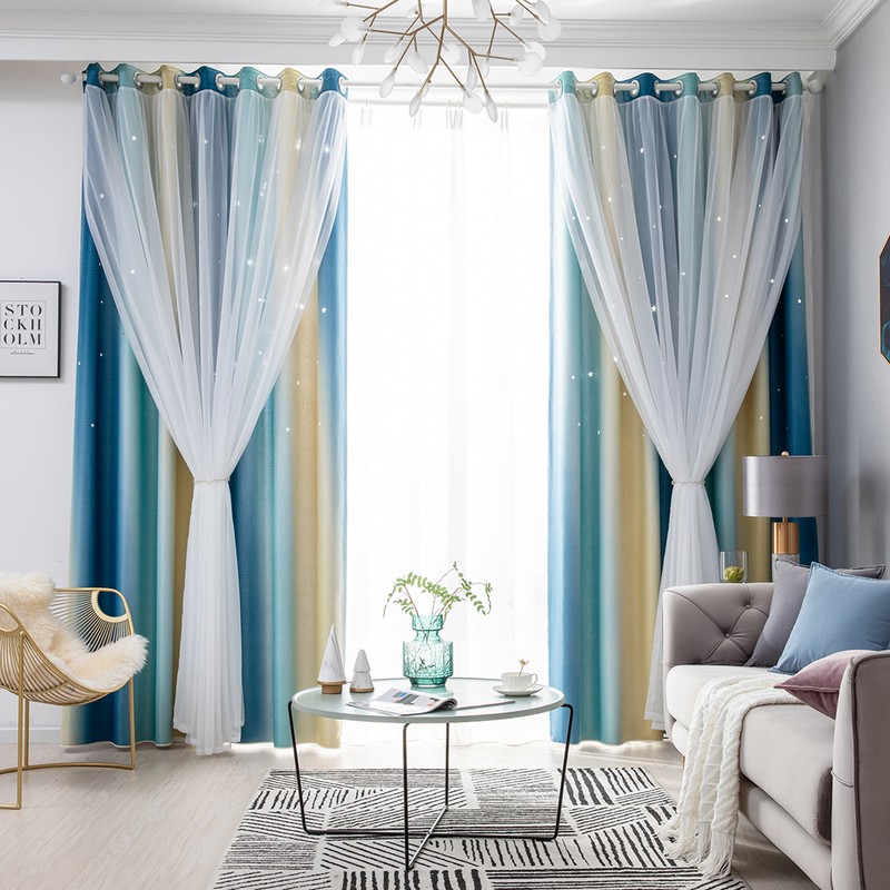 1pc Curtain Simple Gradient Hollow-out Star Pattern Double Layer Blackout
