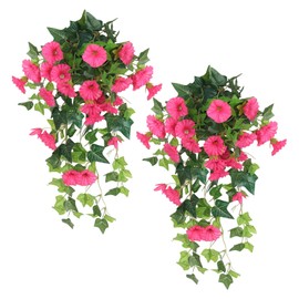 RECUTMS 2 Pcs Artificial Flowers for Outdoors Fake Hanging Morning Glory Plants with Ivy Leaves UV Resistant Faux Silk Flower Realistic Petunias for Porch Balcony Yard Patio Planter Decor (Rose Red)