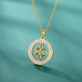 Dreamtimes Witch Knot Necklace for Women Stainless Steel Clear Gold Color Zircon Round Pendant Neck Chains Celtic Quaternary Wiccan Witches Knot Ring Witchcraft Amulet Jewelry (Gold-1)