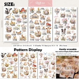 Spring Easter Crafts Rub On Transfers Sticker Vintage Floral Farm Rabbit Cow Decal DIY Egg Cute Bunny Use for Fabric Clay Paper Wood Holiday Scrapbooking Embellishments (Larger 3 Sheets)