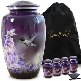 Set of 5 Beautiful Anna's Hummingbird Urns for Human Ashes Adult Female - 1 Large Purple Urn for Ashes for Women with 4 Keepsake Hummingbird Urns - Beautifully Packaged with 4 Funnels & 5 Velvet Bags
