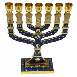 7 Branch 12 Tribes Blue & Gold Enamel Menorah 4.75"