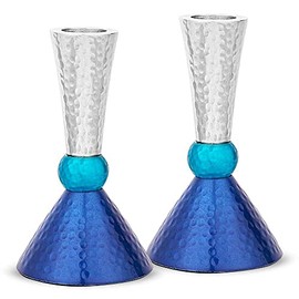 Zion Judaica Classic Candlestick Holders Set Anodized Metal Hammered Finish - Fits Thick Tapered and Shabbat Candles - Blue Tones and Silver Medium