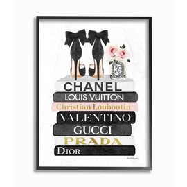 Stupell Industries Fashioner Flower Shoes Bookstack Pink Watercolor, Design by Artist Amanda Greenwood Wall Art, 11 x 14, Black Framed