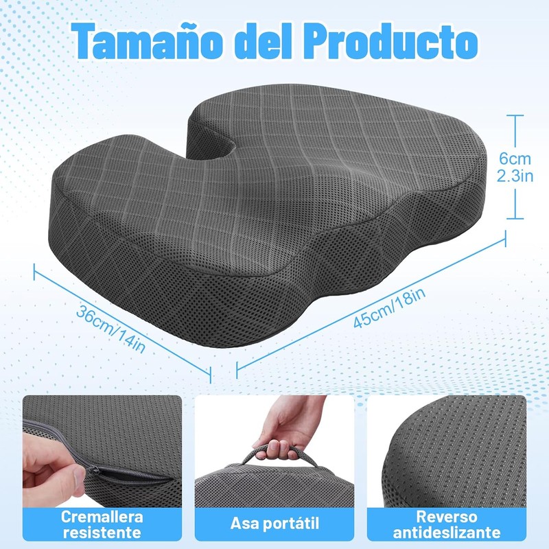 Cojin Ortepedico de Memory Foam para Asientos con Base Antideslizante,