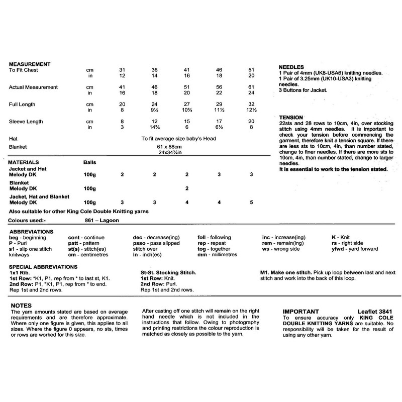 King Cole Baby Double Knitting Pattern Lace Effect Jacket Hat