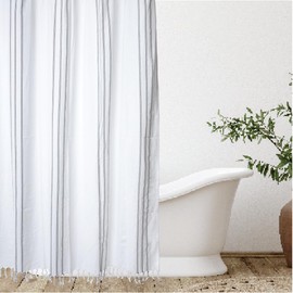 HALL & PERRY Modern Fabric Shower Curtain 100% Cotton Fabric with Plastic Liner and Rings for Bathroom Décor (Black 7 Combo, 84"x72")