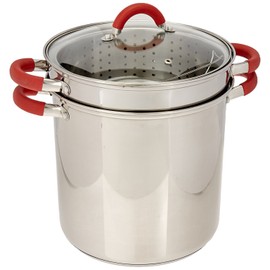 ExcelSteel 8 Qt Multifunction Stainless Steel Pasta Cooker with Encapsulated Base, Vented Glass Lid, and Riveted Silicone Covered Handles