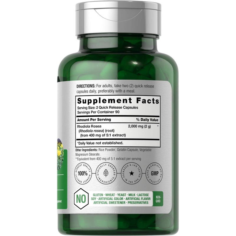 Horbäach Rhodiola Rosea Capsules 2000mg | 180 Count | Non-GMO,