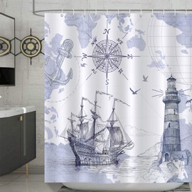 Bonhause Nautical Sailboat Map Shower Curtain 72 x 72 Inch Ship Compass Lighthouse Anchor Decorative Bath Curtain Polyester Fabric Waterproof Bathroom Curtain with 12 Hooks