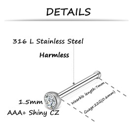 Tornito 100Pcs Stainless Steel Bone Nose Studs Hoop Nose Rings Set Multicolor Cubic Zirconia Hoop Tragus Cartilage Nose Ring Labret Nose Piercing Pin Jewelry for Women Men 1.5mm 22G